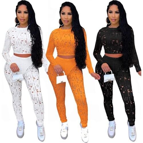 Sexy Hole Two Piece Set Long Sleeve Crop Top Fitness Sweatpants Fall Outfits for Women Tracksuit Loungewear Matching Set