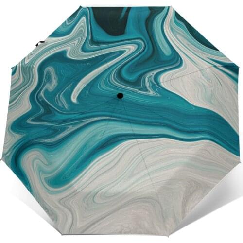 Wind Resistant Fully-Automatic Umbrella White And Teal Marble Rain 3 Folding Parasol Travel Car Umbrella