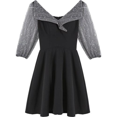PERHAPS U Korean Black Sash Patchwork Sash 3/4 Sleeve Turn Down Collar Dress Summer Elegant Office Lady D1798