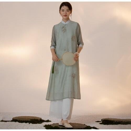 Wendongli 2021 spring new Nanyou Chinese style womens national style Zen embroidery dress