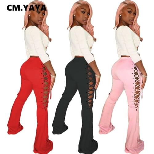 CM.YAYA Women High Waist Lace Up Side Hollow Out Flare Bellbottom Pants Classic Streetwear Fashion Legging Trousers