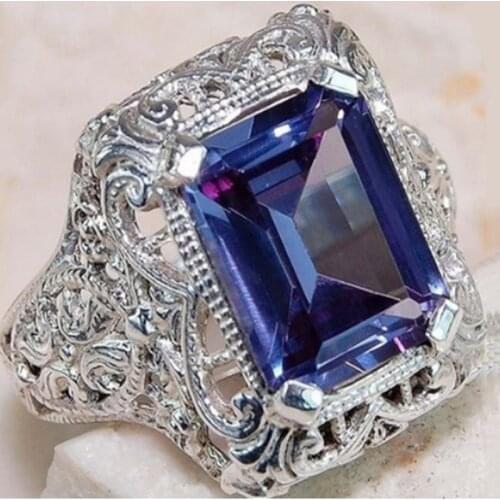 Big Blue Zircon Stone S925 Sterling Silver Color Vintage Rings for Women Fashion Wedding Engagement Jewelry 2019