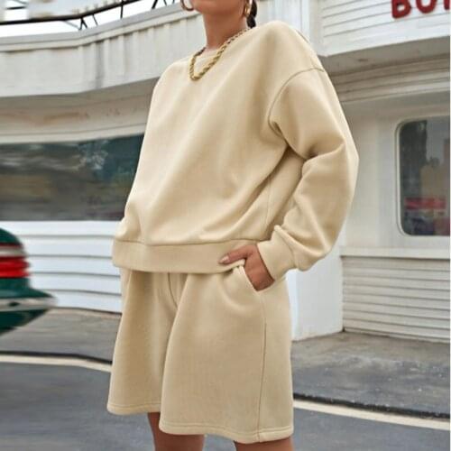 Womens suit solid long sleeves O-neck sweatshirt high waist shorts sets casual streetwear elegant 2021 autumn suits with short