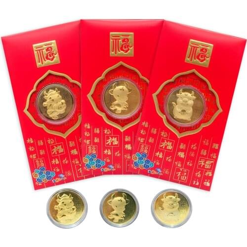 1PC 2021 Red Envelope New Year Of The Ox Souvenir Coin With Red Envelope Lucky Money Pockets For New Year Spring Party Gift Box