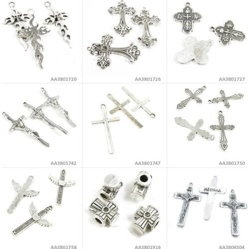 Antique Silver Tone Jewelry Charms Jesus Cross Latin Loose Beads Heart Wings Fire Skull Bracelet Pendant Craft Making Supplies