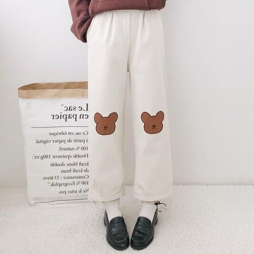 Harajuku Cartoon Embroidery Pants Women Japanese High Waist Cute Bear Casual Warm Pants Winter Kawaii Girls Wide Leg Trousers