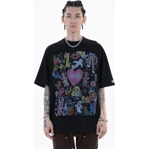 Men Oversize T Shirt Hip Hop Streetwear Painting Letter Heart Rainbow Angels Print Tshirt Harajuku Cotton Short Sleeve T-Shirt