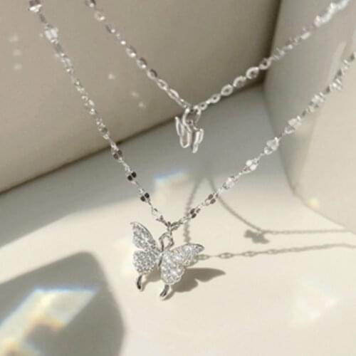 Korean Version Of The Necklace 2021 New Fashion All-match Temperament Butterfly Crystal Double Necklace Girl Factory Sales