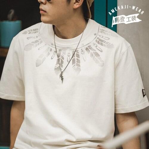 Maden Vintage Printted Indian T-shirts For Men Cotton Round Neck Printting Feather Short-sleeve T-shirt Label Man Clothing