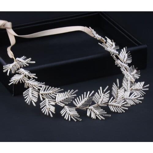 Handmade Gold Leaf Bridal Ribbon Headbands Luxury Pearl Fashion Wedding Headpiece Tiara For Women Bride Hair Jewelry Accessories