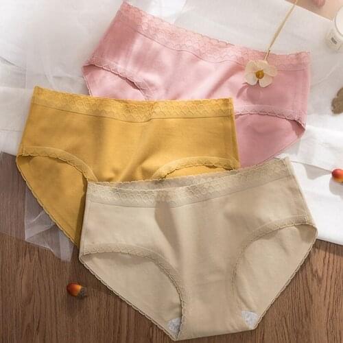 Roseheart Women Fashion Pink Yellow Cotton Mid Waist Panties Underwear Lingerie Lace Briefs M L Plus Size Underpants
