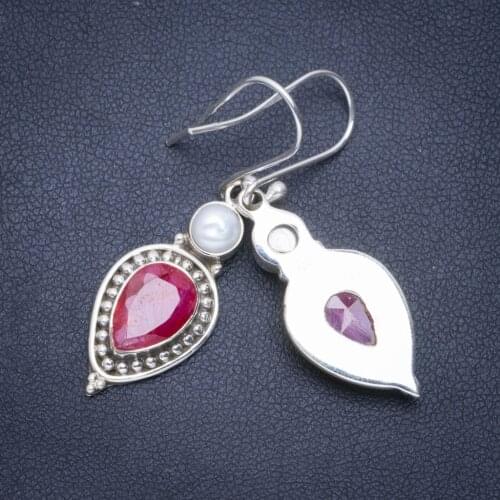Natural Cherry Ruby and River Pearl Handmade Unique 925 Sterling Silver Earrings 1.75" A0877