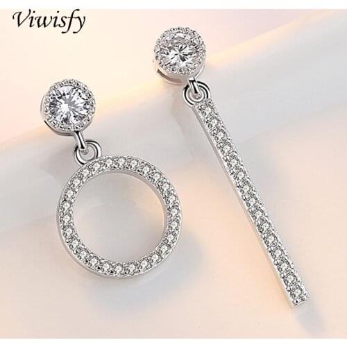 Viwisfy Asymmetrical Round Long Strip Full Crystal 925 Sterling Silver Drop Earrings For Women VW21252
