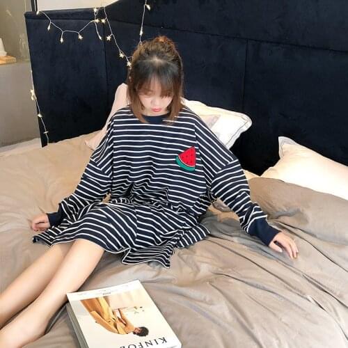 SLPBELY Women Nightdress Nightgown Spring Summer Simple Striped Long Sleeved Loose Round Neck Girl Nightshirt Sleepwear Homewear