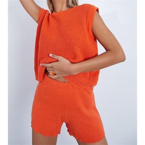 Hirigin 2 Pieces Solid Color Suits 2021 Women Loose Causal Round Neck Knitted Tank Tops High Waist Biker Shorts Pants Female