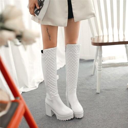 PXELENA 2018 Winter Riding Knee High Boots Ladies Shoes Platform Chunky Block Square High Heels Long Boots Combat Shoes 34-43