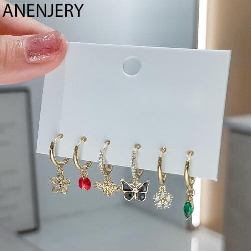 ANENJERY 6 pieces/set 925 Sterling Silver Zircon Insect Flower Butterfly Hoop Earrings for Women Creative Earrings Dropshipping