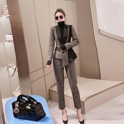 2021 Autumn Winter New Women Woolen Pant Suit Female Office Lady OL Patchwork Jacket Blazer Coat and Pant 2 Piece Suit Set M588