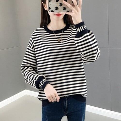 Womens Sweater 2021fashion Korean Loose Round Neck Striped Knit Lazy Style Knitted Clothes Slim T Shirt Female Long Sleeve Top