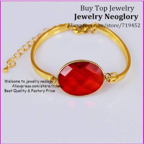 10PCS Oval Faceted Red Gems Glass Quartz Bracelet Bangle,Crystal Glass Bezel Quartz Connector Bracelet,Gold Color Women Bangle