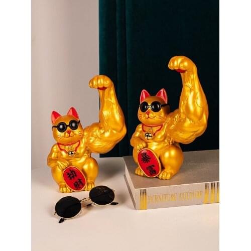 24cm Creative Muscle Arm Lucky Cat Figurines Home Decoration Accessories Interior Feng Shui Animal Crafts Office Room Shop