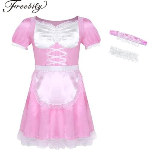 3Pcs Mens Sissy Maid Uniform Fancy Dress Costume Outfit Short Sleeve Satin Dress with Choker and Headband Sexy Costumes