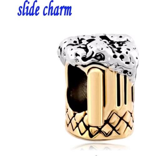 Slide charm Free shipping Mothers Day beer mug gold the luxury brands charm beads fit Pandora charm bracelet Christmas