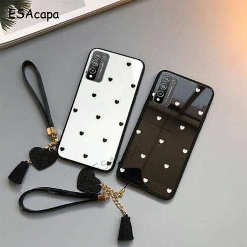 Love Heart Tempered Glass Lanyard Phone Case For Huawei Honor 10X 30 20 Lite 9A 9C 9S 9X Pro Y9S 30S V30 Case Soft Frame Cover