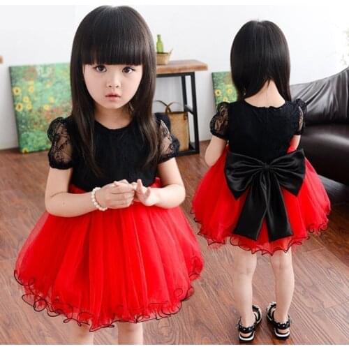 Summer Girl Dresses Kids Baby Clothes Children Black Lace Pompon Dress With Bow Fashion Girls Performance Costume Vintage