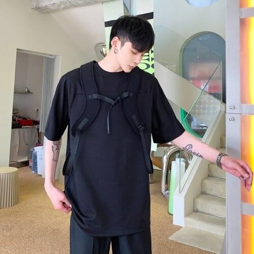 Ins Bomb Street Tide Paratroopers Functional Bandage Short-sleeved T-shirt Mens Webbing Buckle Straps Half-sleeved T-shirt