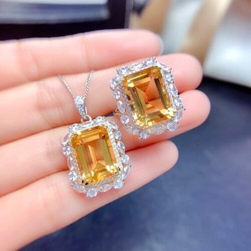 Luxury Square Pendant Necklace Inlay 10x12mm Yellow Crystal Zircon 925 Silver Ring Womens Wedding Party High Grade Fine Jewelry