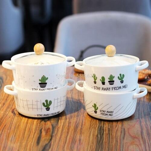 Cactus Creative Ceramic Bowl Double Ear Anti-scalding Soup Bowl Korean Style Large Capacity Noodle Bowl