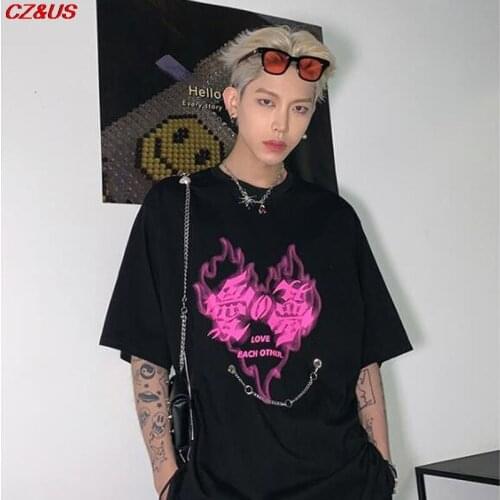 2021 Summer Hip-Hop Loose Half-Sleeved Short-Sleeved T-shirt Fashion Versatile Style Couple Outfit Chain Men and Women T-Shirt