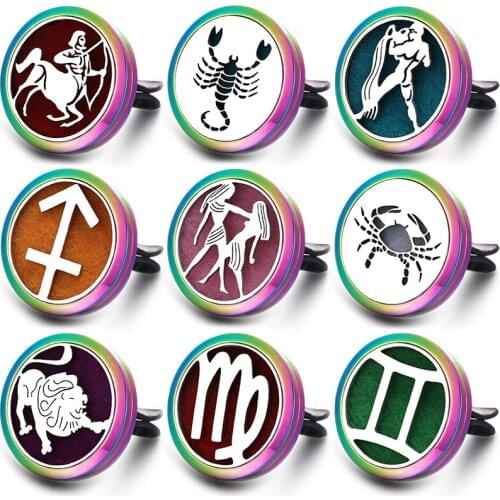 New Colorful Aroma Jewelry Stainless Steel Car Air Freshener Perfume Locket Essential Oil Diffuser Car Sagittarius Clip Pendant