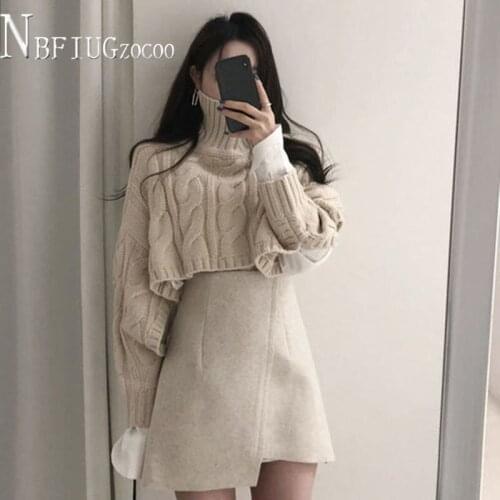 2020 Autumn Winter New Korean Fashion Women Sets Turtleneck Sweater And Irregular Skirt Female Sets