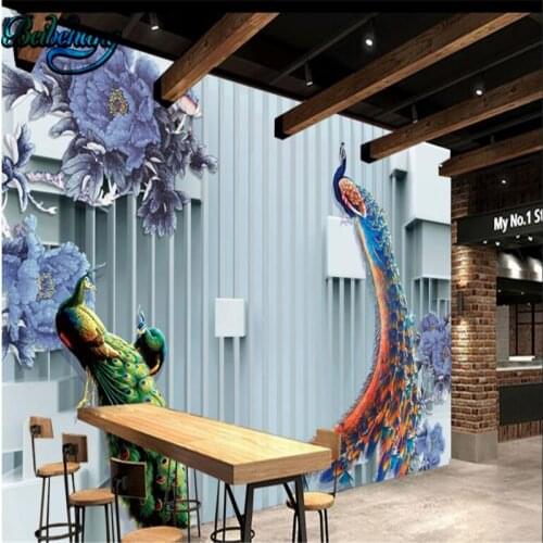 Beibehang Green and blue peacock flowers rich and rich wall water production 3D background wall custom wallpaper