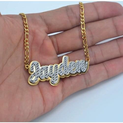 Personalized Double Color Bling Name Necklace Women Men Stainless Steel Figaro Chain Custom Nameplate Frosted Pendant Jewelry