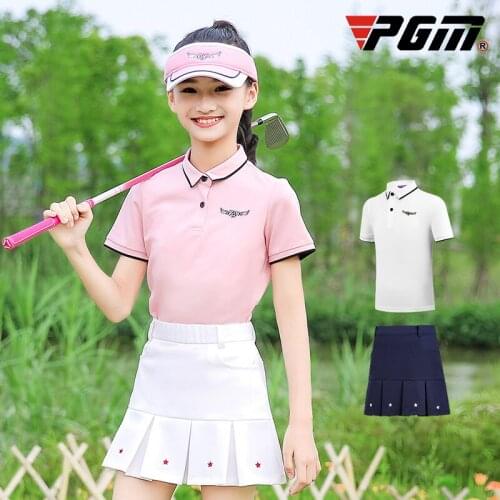 PGM Girls Golf Summer Skirts Set Short Sleeve Shirt Pleated Skirt Children Girls Slimming Fitness Sportswear High Quality D0786