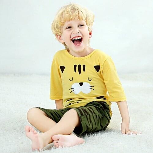Summer Childrens Pajamas Tiger Cartoon Pajamas For Girls Boys Short Sleeve T-shirt Pyjamas Sets Baby Clothes Kids Sleepwear