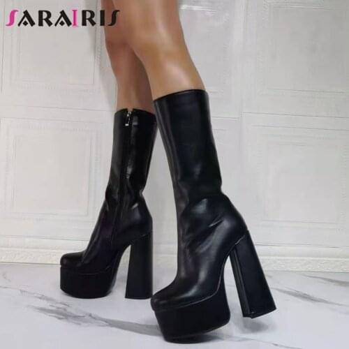 SaraIris Cool Fashion Female Boots Zipper Round Toe High Heels Platform womens Boots Solid Trendy Quality Luxury Shoes Woman
