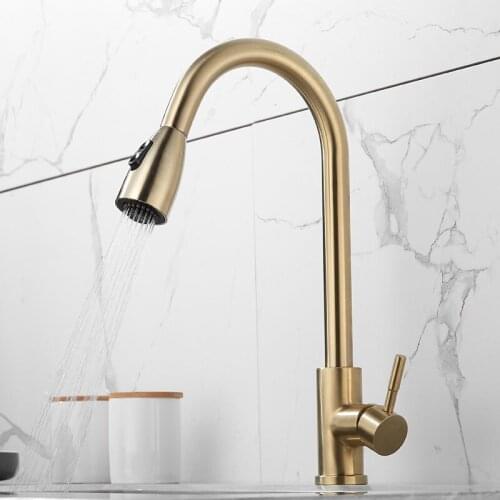 Kitchen Faucet Single Handle Cold&Hot Water Tap Brush Gold Deck Mounted faucet Pull Out Rotation Sink Faucet 304 SUS