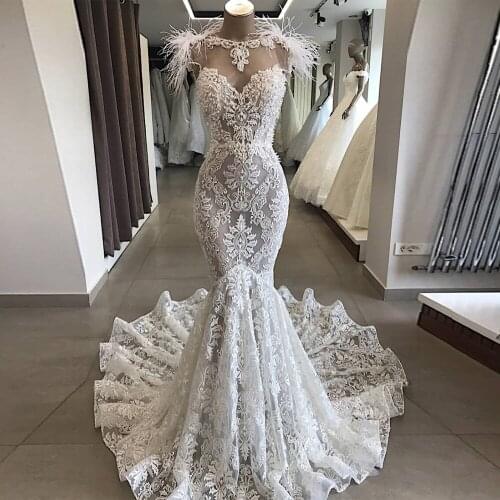 Major Beading Pearls Arabic Full Lace Wedding Dresses With Sheer Neck Mermaid Wedding Dress Backless Bridal Gowns Plus Size