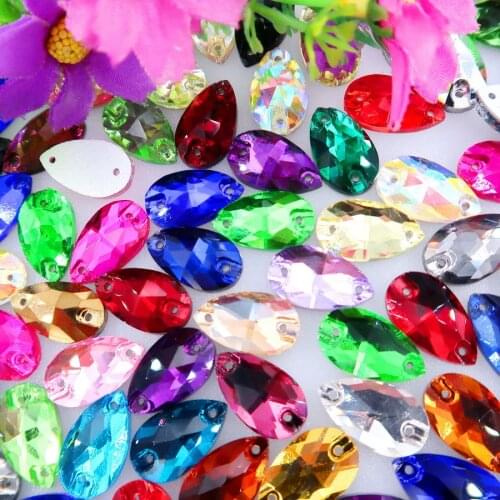 Slim waterdrop shape glass crystal Flatback with two holes 3 sizes colors mix sew on Crystal beads wedding dress diy trim