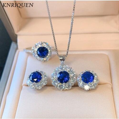 Vintage 100% 925 Sterling Silver Sapphire Aquamarine Gesmtone Pendant/Necklace/Earrings/Ring Fine Jewelry Set for Women Gift