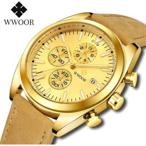 WWOOR 2021 New Men Sports Chronograph Watch Luxury Golden Quartz Fashion Leather Watches Waterproof Wristwatch Relogio Masculino