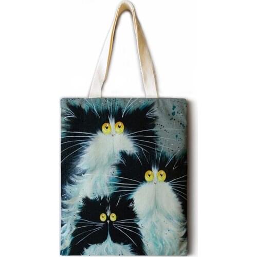 Colorful cat cotton and linen ladies large capacity casual printing handbag fashion art ladies shoulder bag