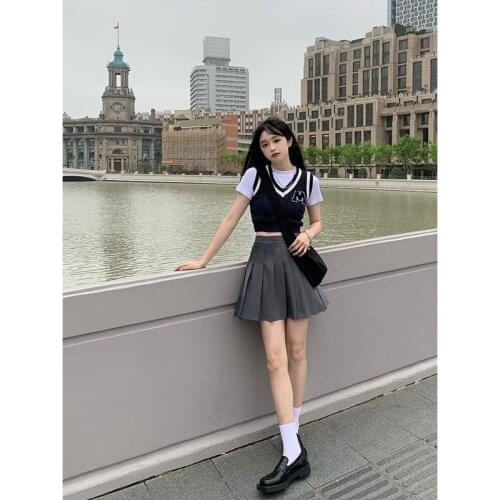 Women gray Casual Pleated Skirt Summer High Waist Harajuku Japanese Cute Sexy Mini A-line Skirts student Fashion Dance Skirt