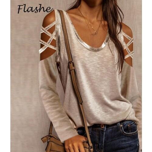 2021 Spring Autumn T-shirt Sexy Bandage Cross Solid Color U-neck T-shirts Women Off Shoulder Long Sleeve Tops Knitted T