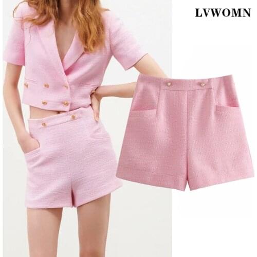 LVWOMN Za Womens High Waist Short 2021 Fashion Pink Texture Casual Double Breasted Pocket Short Women Chic Office Shorts