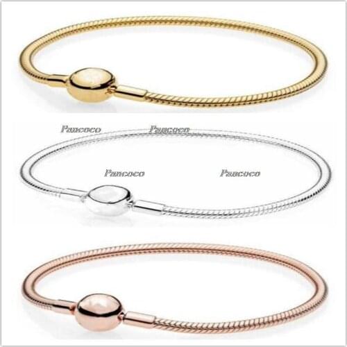 925 Sterling Silver Bracelet Rose Moments Smooth Ball Clasp Snake Chain Bangle Fit Women Bead Charm Diy Fashion Jewelry